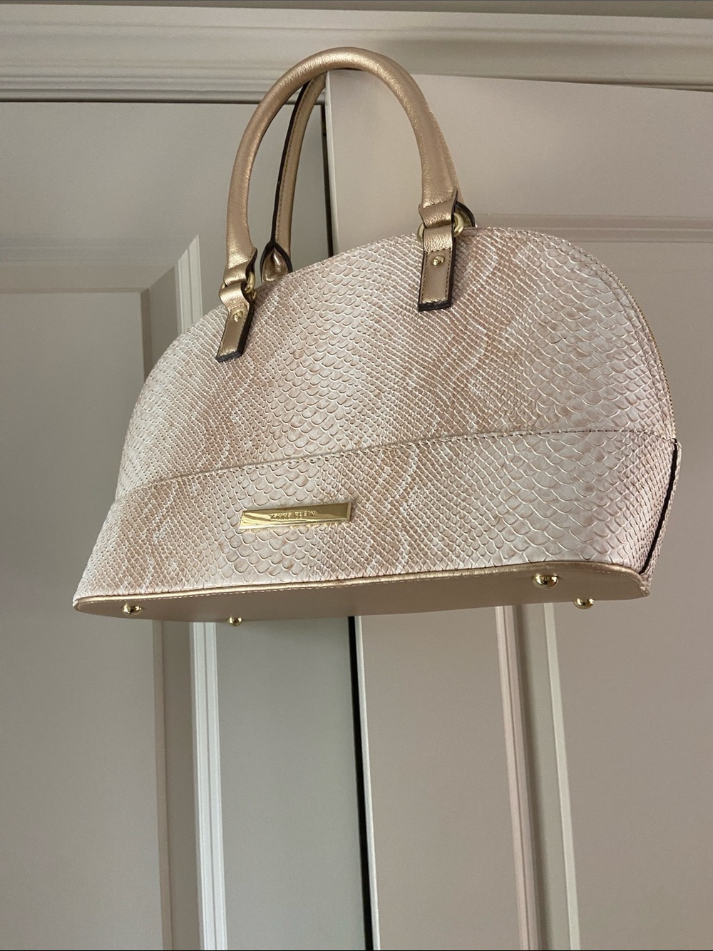 Anne Klein Rose Gold Snakeskin Inspired Textured Dome Satchel